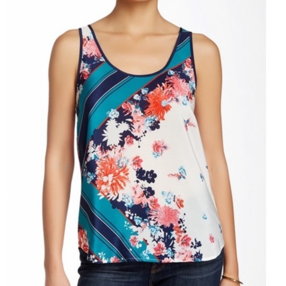 French Connection Floral Striped Printed 100% Silk Tank Top Size 4